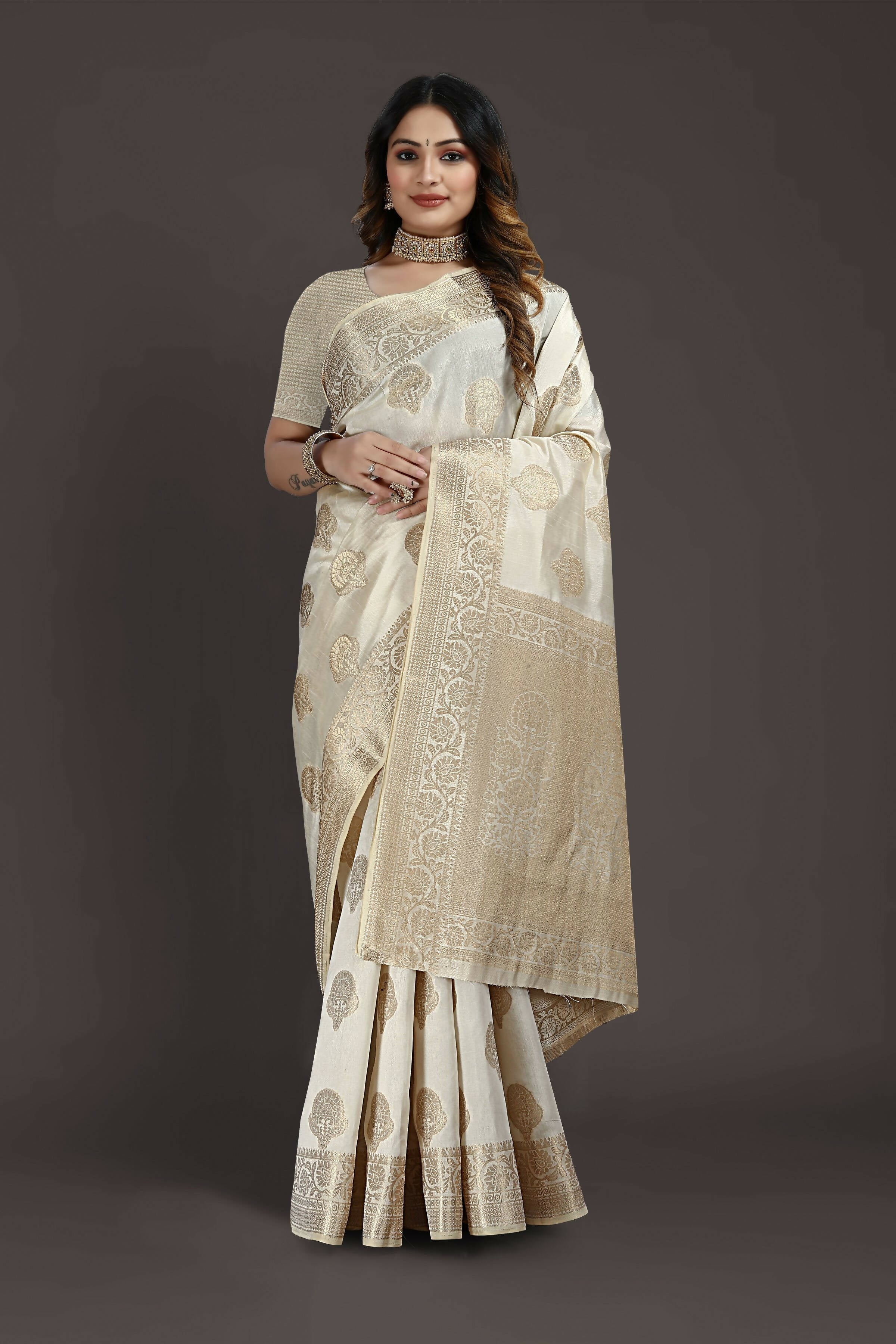Off White Pure Raw Silk Zari Woven Saree with Unstitched Blouse Piece - Alisha