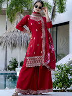 The52 Red Women's Gorgeous Embroidered Vichitra Silk Fabric Straight Kurta, Sharara and Dupatta Set - Distacart