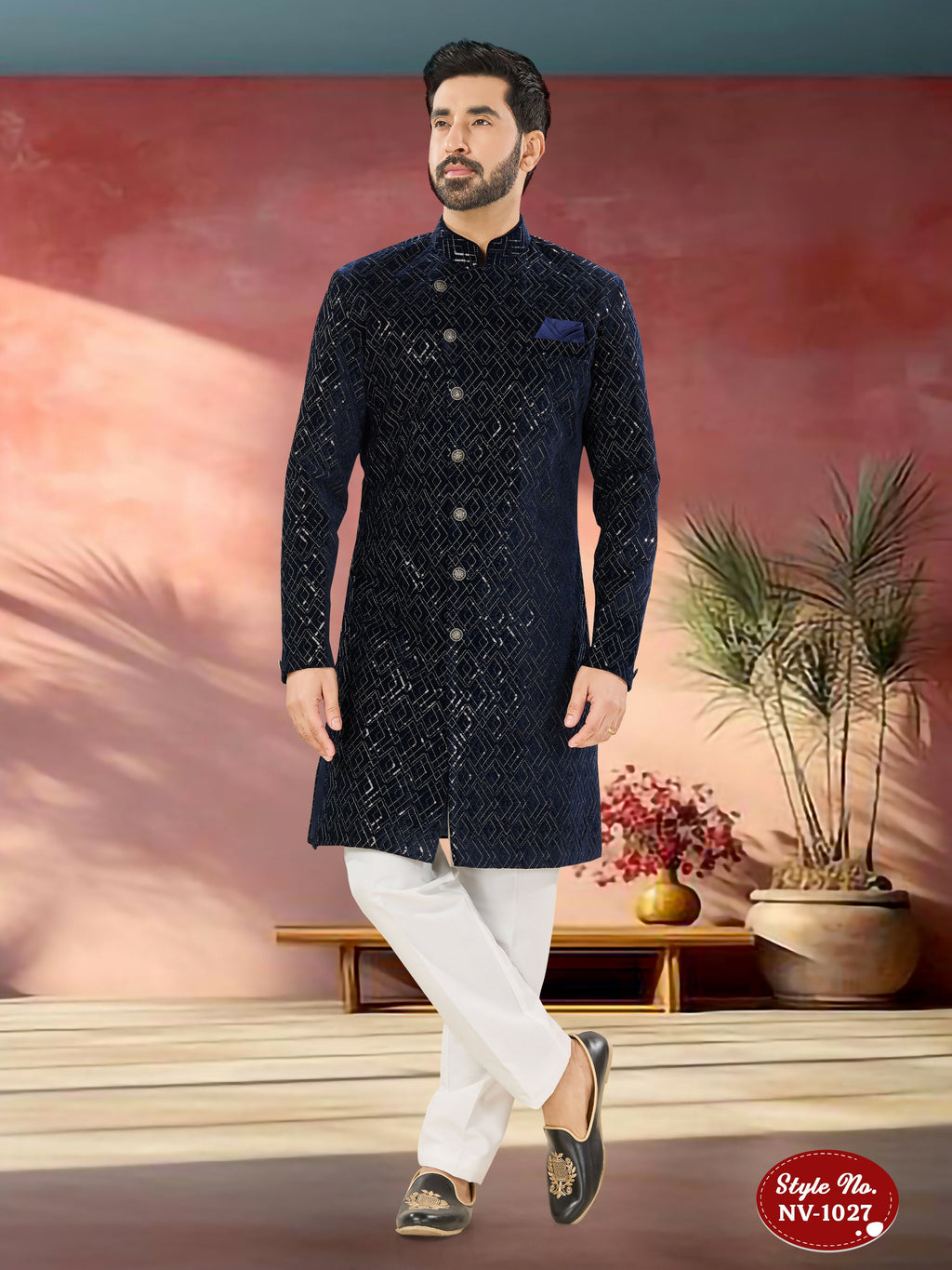 Joban Fashion Men's Blue Base Straight Velvet Thread And Sequence Embroidary All Over Indo-Western Kurta Set