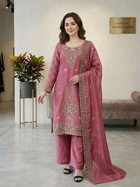 Teeya Creation Pink Color Gimmychu Silk Embroidery Work Wedding Wear Salwar Suit