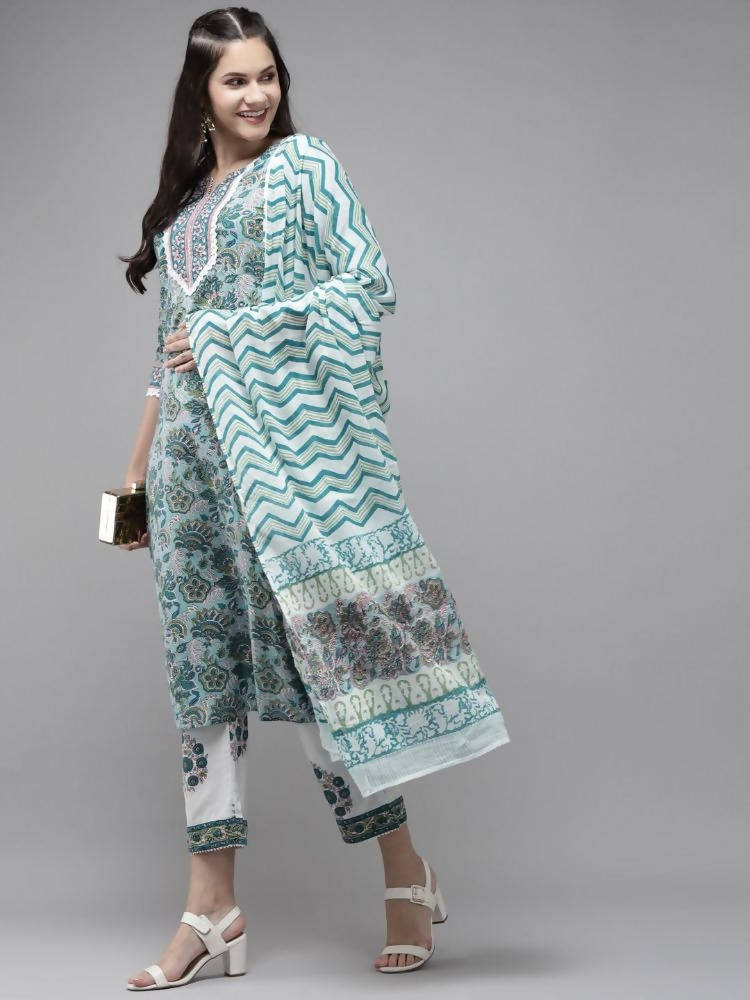 Yufta Green Hand Block Printed Kurta with Trouser and Dupatta