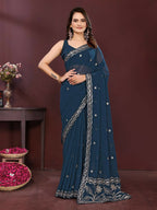 Ai Fashion Teal Soft Georgette Embroidery Party Wear Saree - Distacart