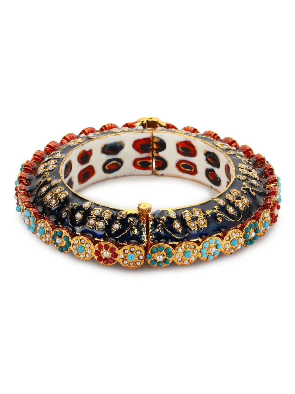 Gold-Plated Blue White Kundan Studded Pearls Beaded Bangle - Ruby Raang - Distacart