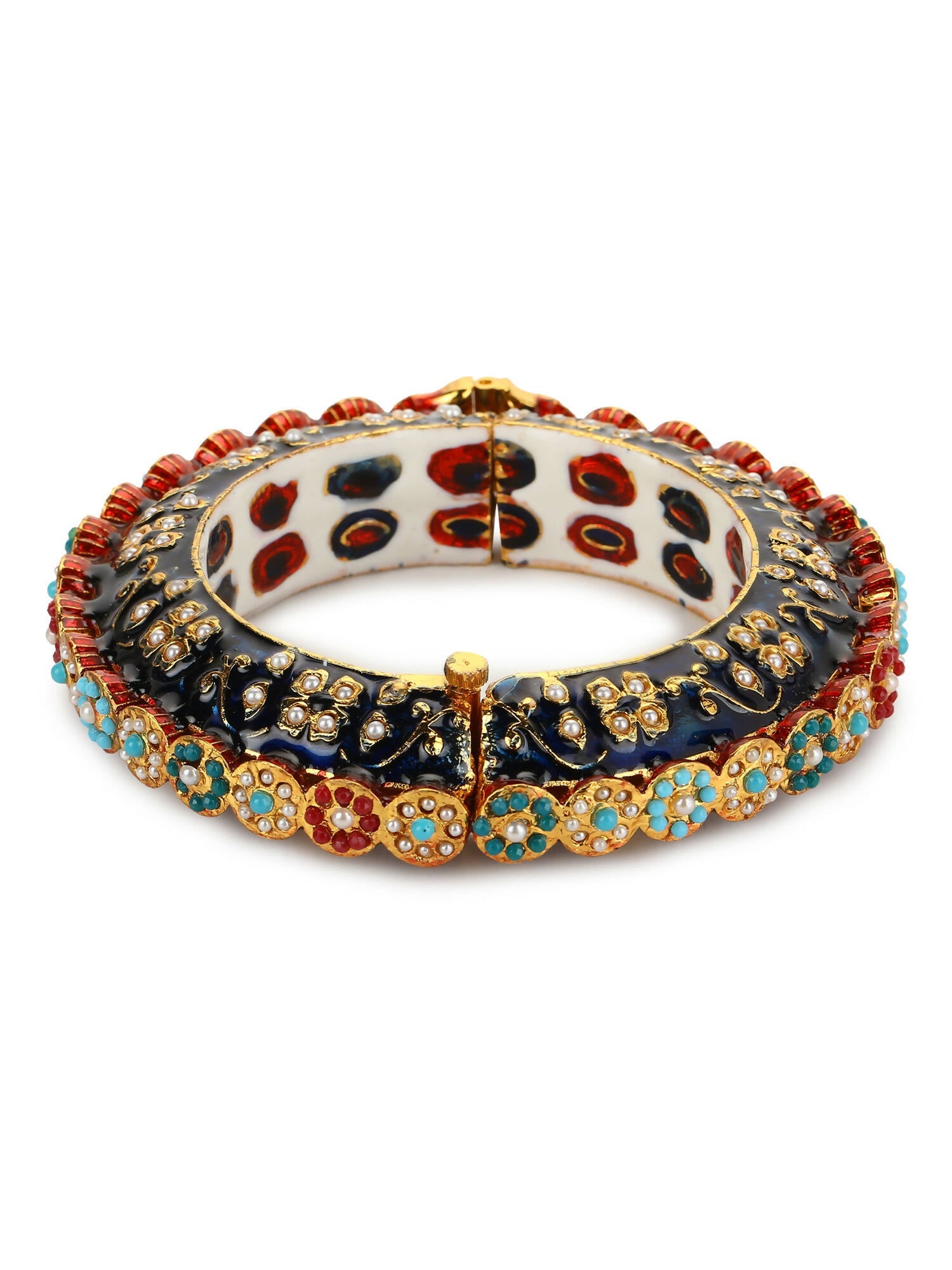 Gold-Plated Blue White Kundan Studded Pearls Beaded Bangle - Ruby Raang - Distacart