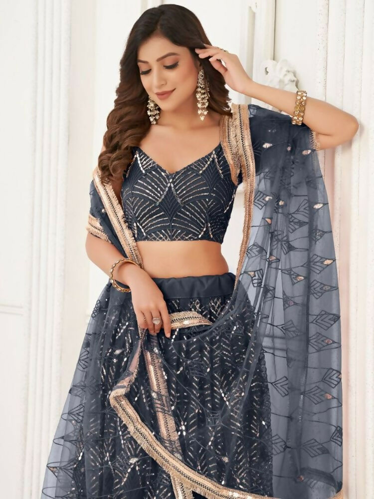 Black Butterfly Soft Net Embroidery With Real Mirror Work Lehenga Choli - Jihu Culture