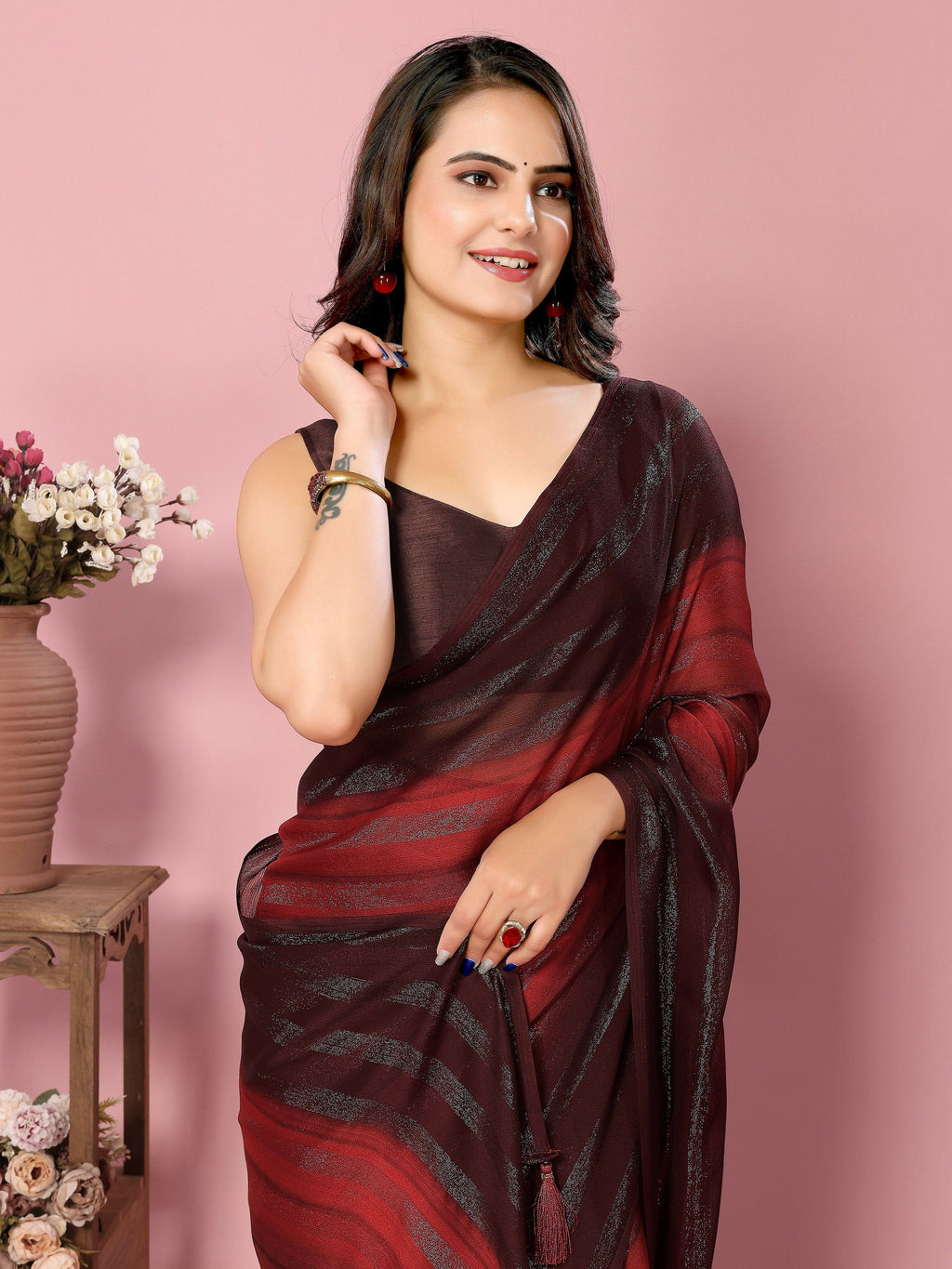Attractive These Party Wear Ready To Wear Saree - Burgundy