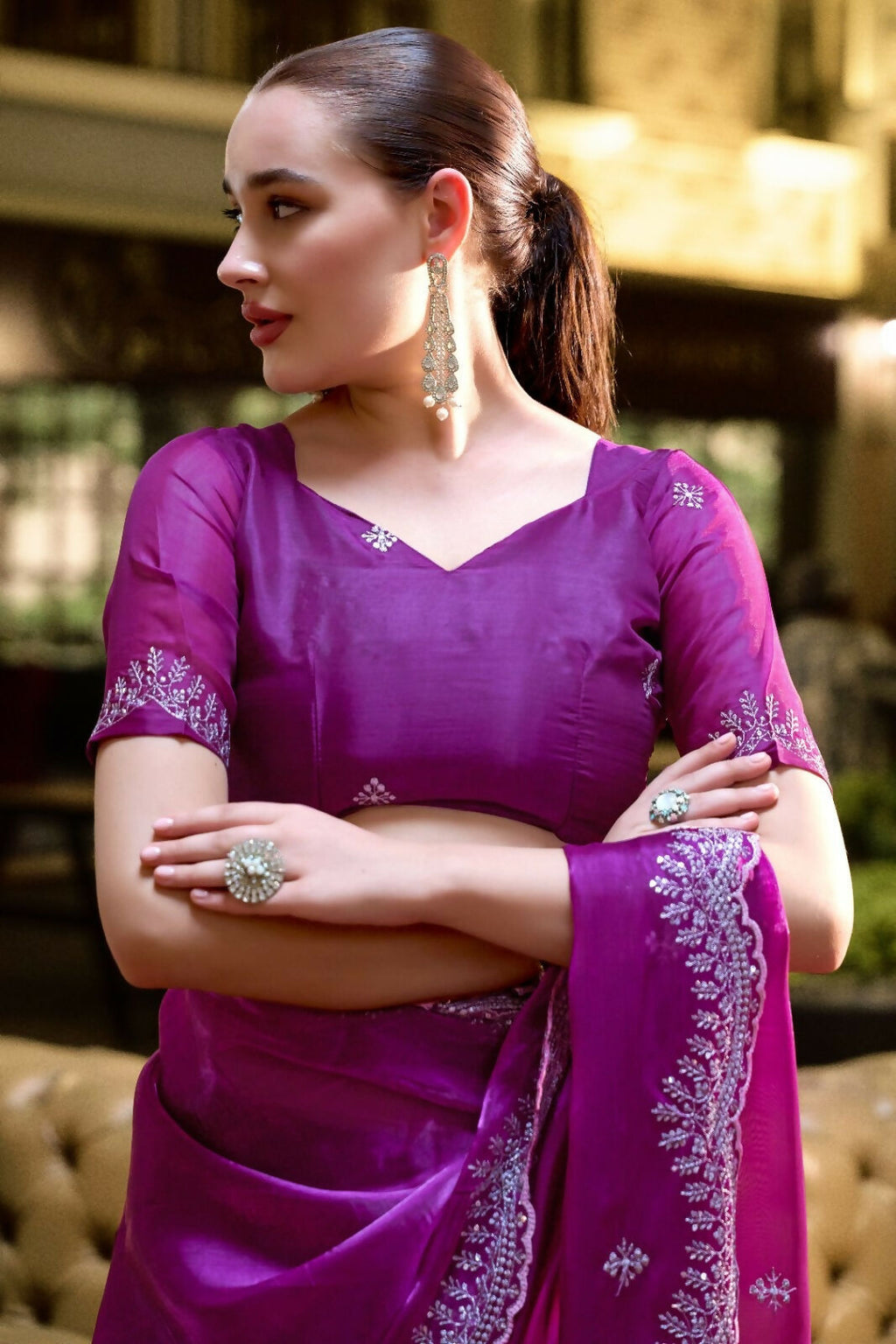 Vastranavya Purple Embroidery Work Shimmer Chiffon Saree with Unstitched Blouse - Distacart