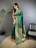Joban Fashion Green Zari Weaving Motif Lichi Silk Banarasi Silk Saree - Distacart