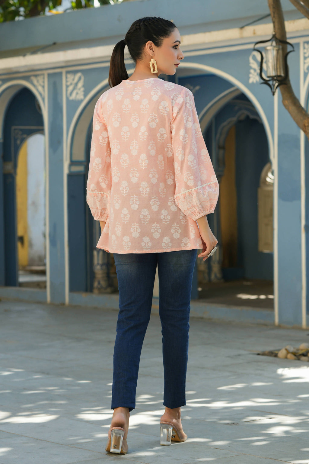 Juniper Women's Peach Cambric Placement Floral Printed Tunic - Distacart
