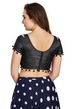 Aastha Fashion Women's Black Art Silk Pom Pom Lace Readymade Blouse