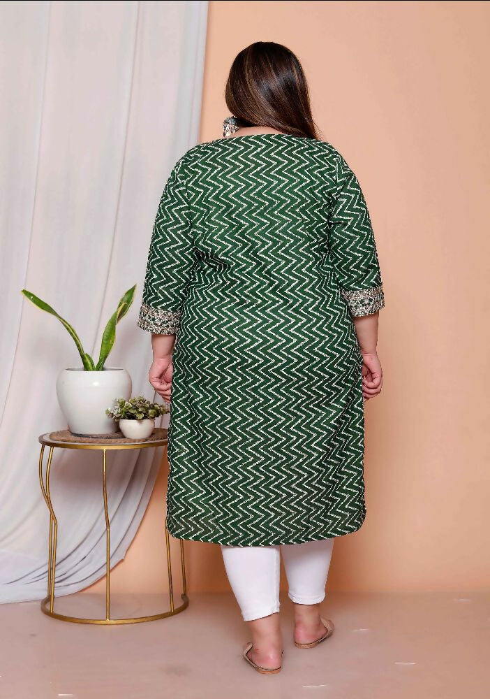 Miravan Womens Plus Size Green Zigzag Print Embroidery Rayon Straight Kurta - Distacart
