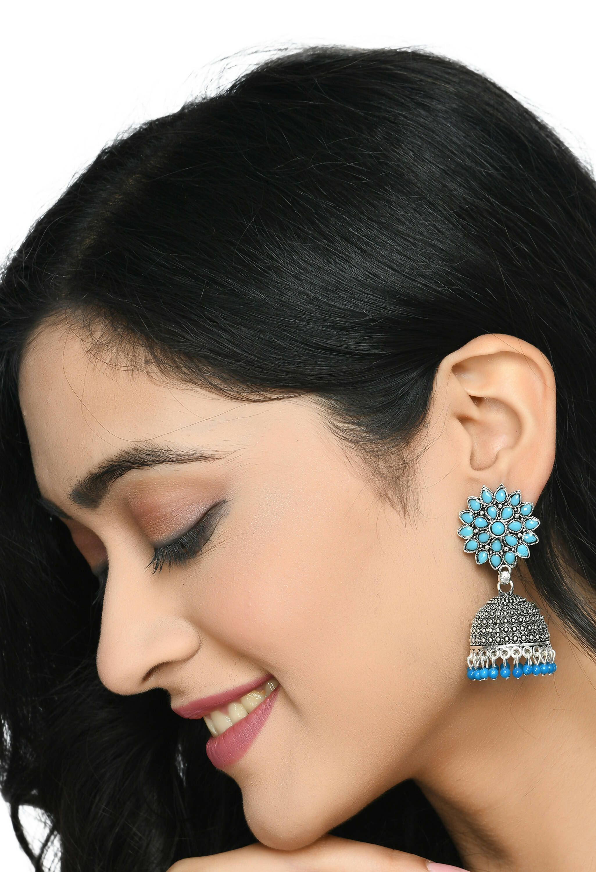 Mominos Fashion Joharkamal Kundan work Jhumka with Sky Blue Beads - Distacart