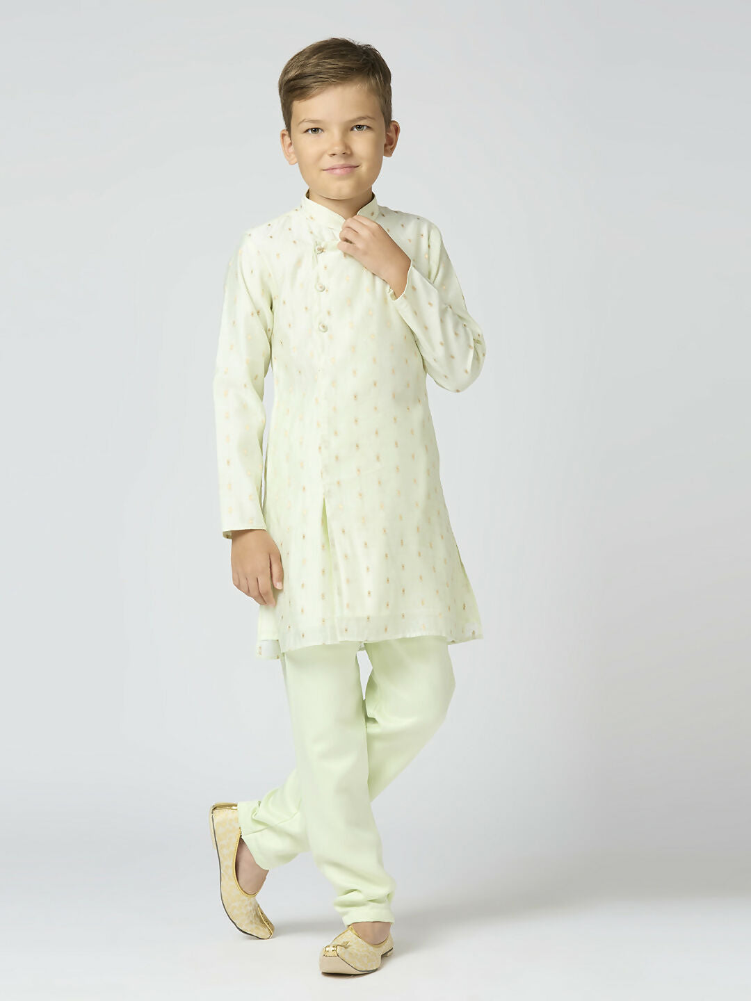 Joban Fashion Kids Island Full Sleeves Chanderi Kurta, Pyjama Set with Traditional Butta Work - Pista - Distacart