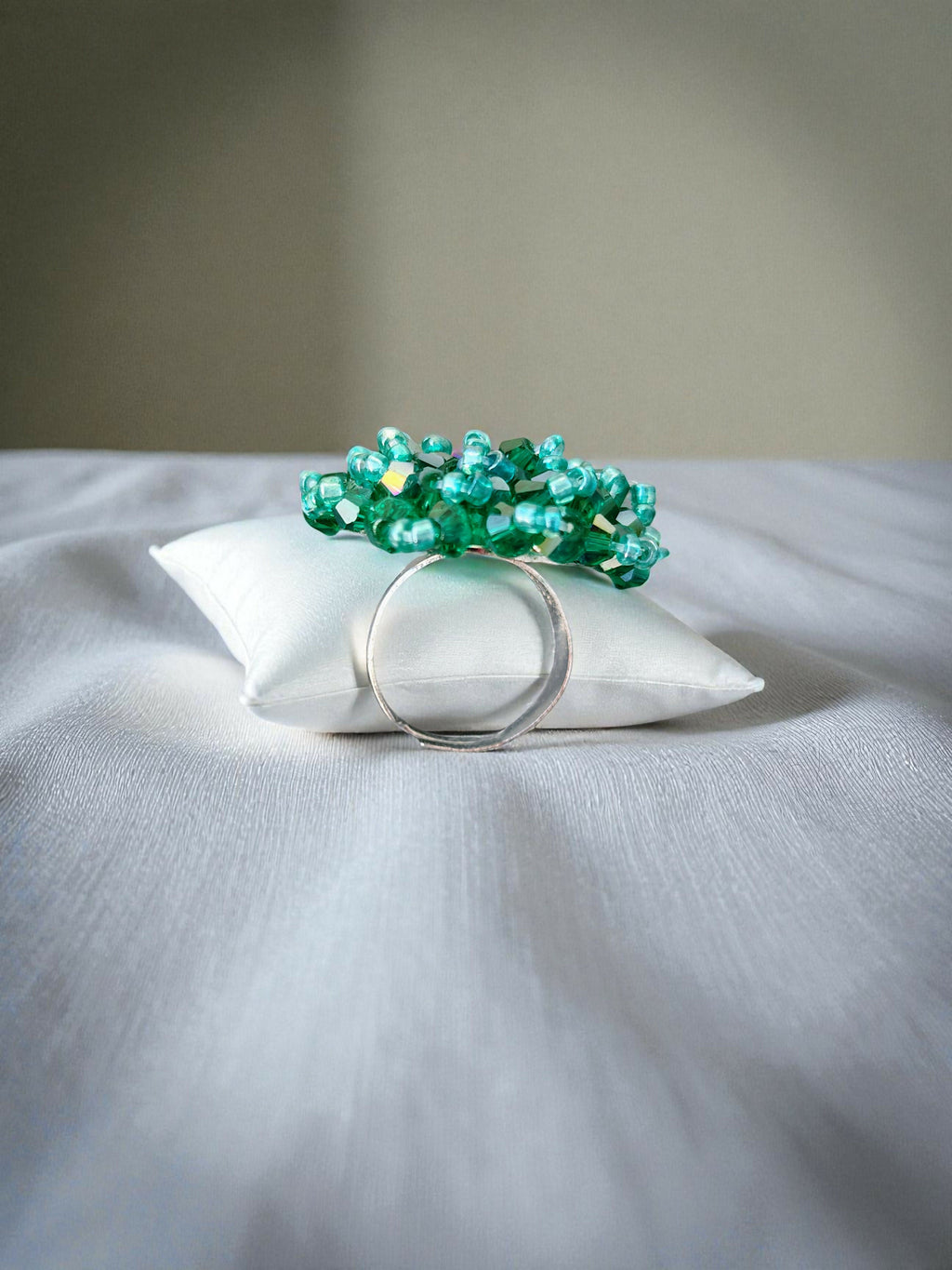 Inhanns Rang-E-Roshan Adjustable Ring – Handmade Crystal Statement Ring - Sea Green