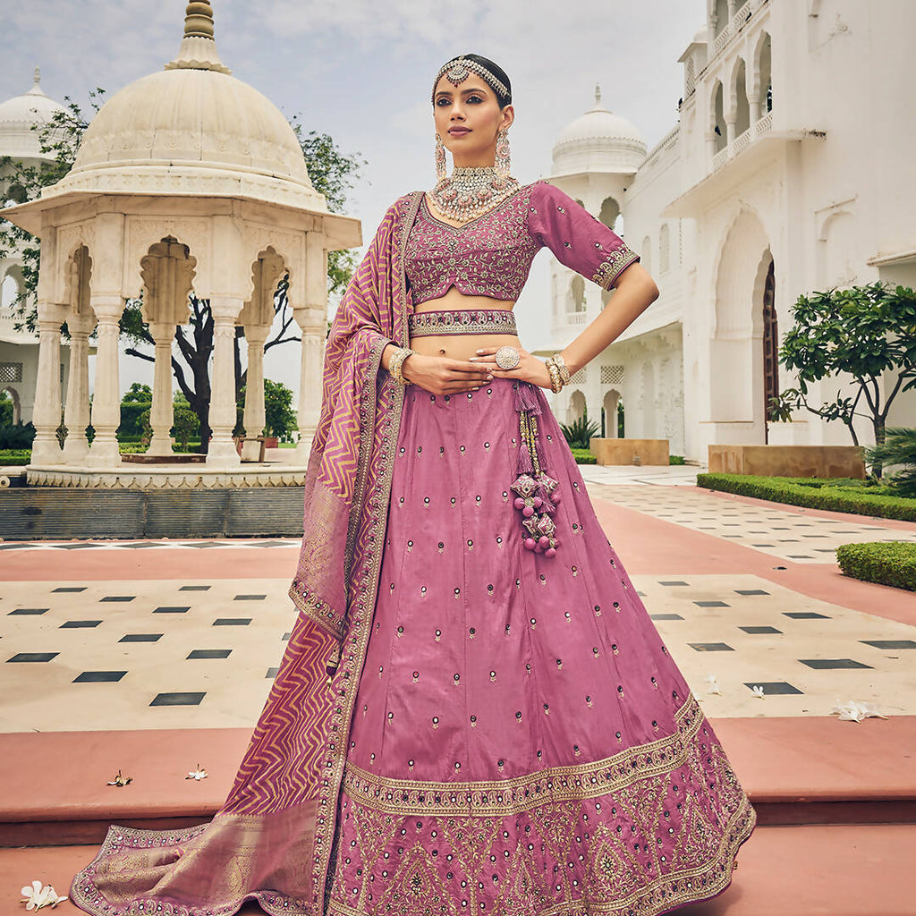 Onion Pink Heavy Viscose Khatli, Embroidery & Mirror Work Unstitched Lehenga Choli - Sisha Keshav