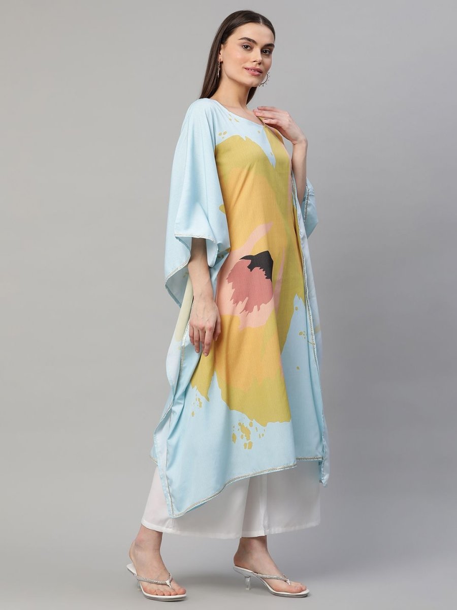 Ahalyaa Women Yellow Crepe Digital Printed Kaftan Kurta with Palazzos - Distacart