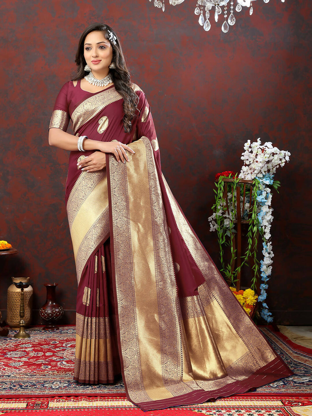 Lorenvalley Fashion Maroon Soft Silk Woven Design Gold Zari Weaving Saree