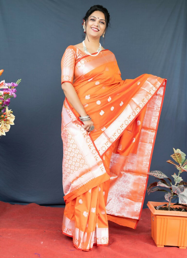 Jyoti Fashion Women's Orange Soft Banarasi Silk Zari Woven Saree with Blouse