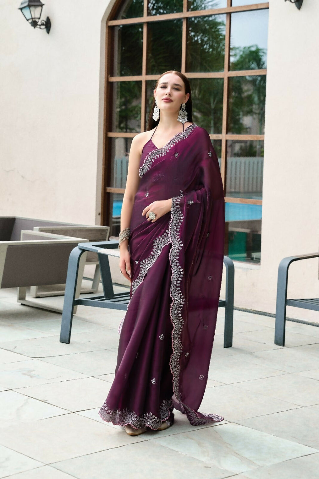 Vastranavya Wine Embroidery Work Shimmer Chiffon Saree with Unstitched Blouse - Distacart