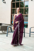 Vastranavya Wine Embroidery Work Shimmer Chiffon Saree with Unstitched Blouse - Distacart
