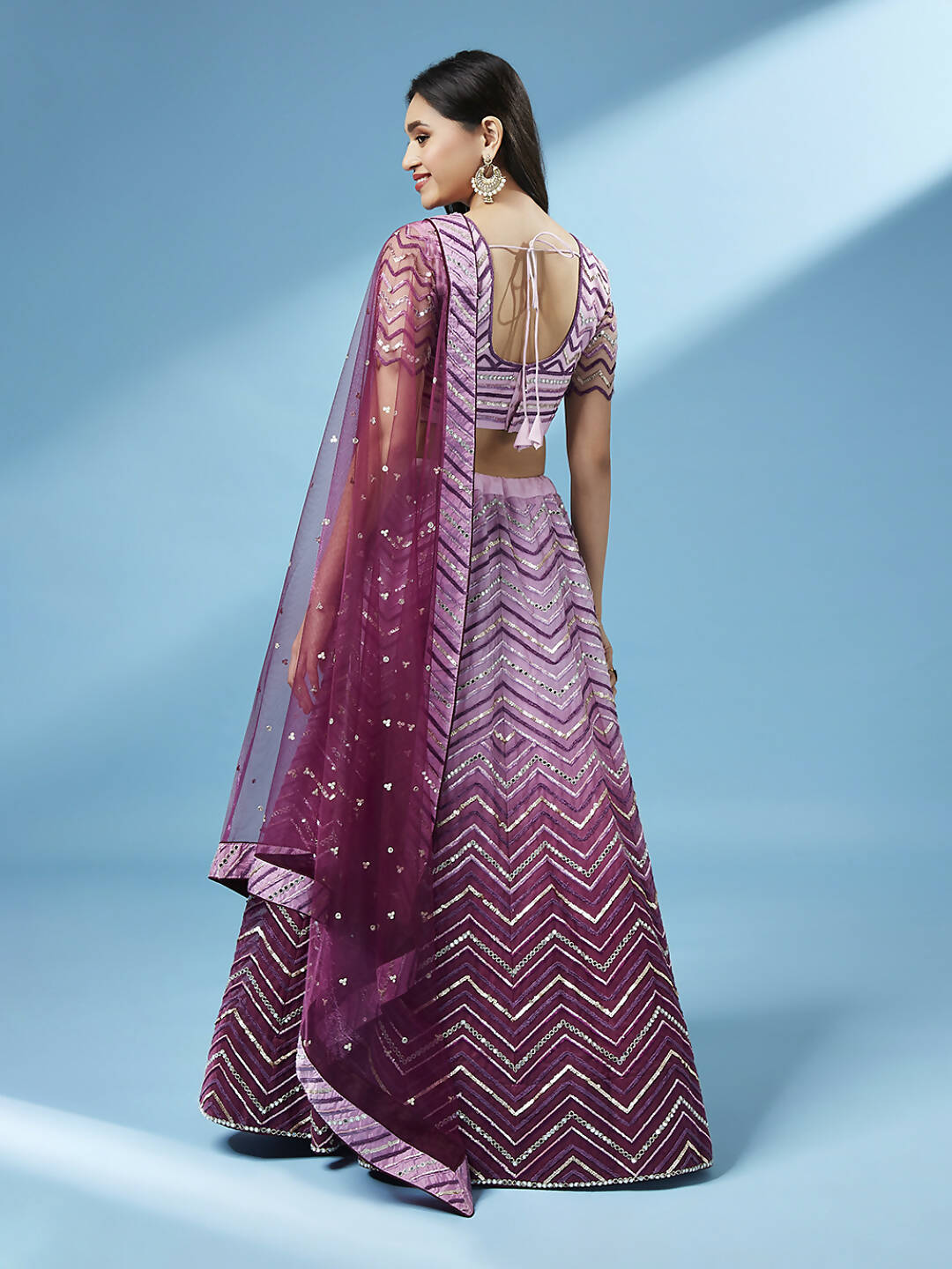 House of Panchhi Women Lavender Net Zig-Zag Embroideried Lehenga, Blouse & Dupatta