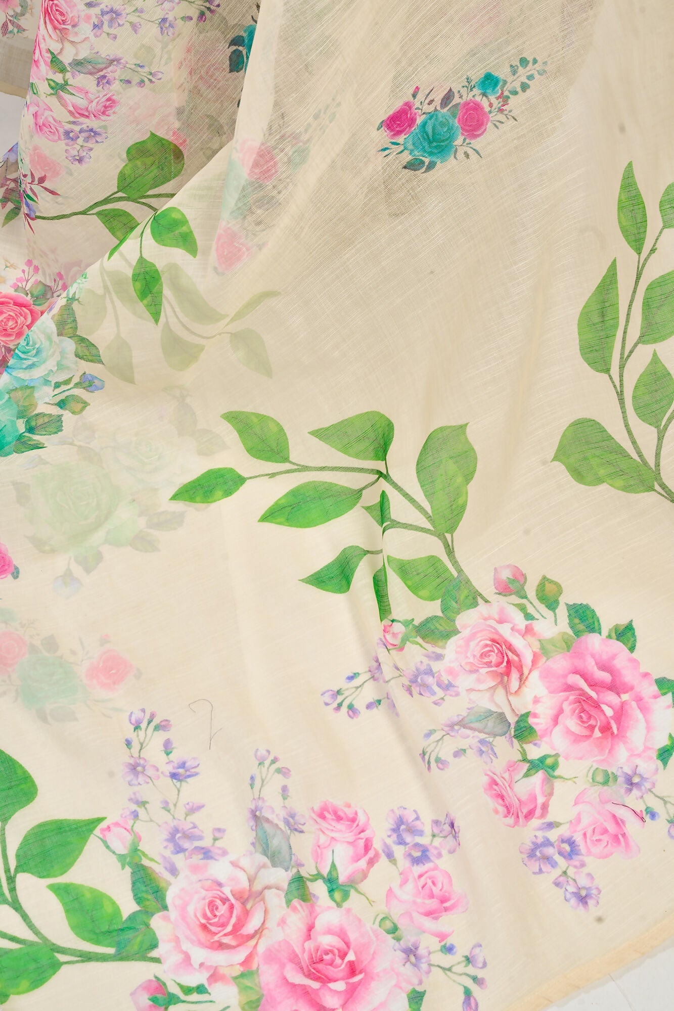 Vastranavya Cream Digital Printed Linen Ready To Wear Designer Saree with Unstitched Blouse - Distacart