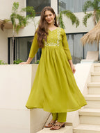 The52 Lemons Women's Gorgeous Chinon Embroidered Flared Kurta with Pant And Dupatta Set - Distacart