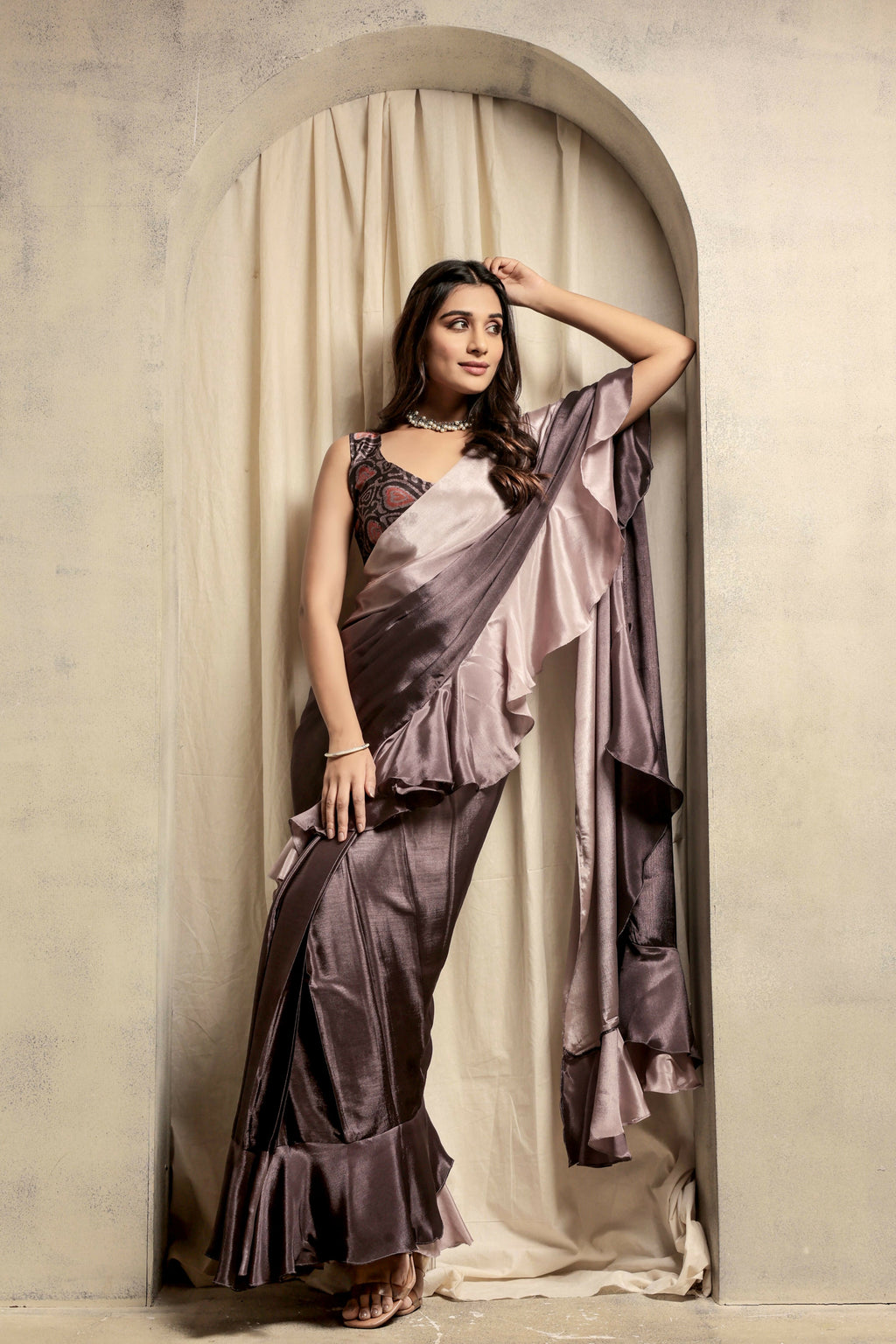 Wine Satin Solid Designer, Printed Party Wear Ready To Wear Saree - Nasreen