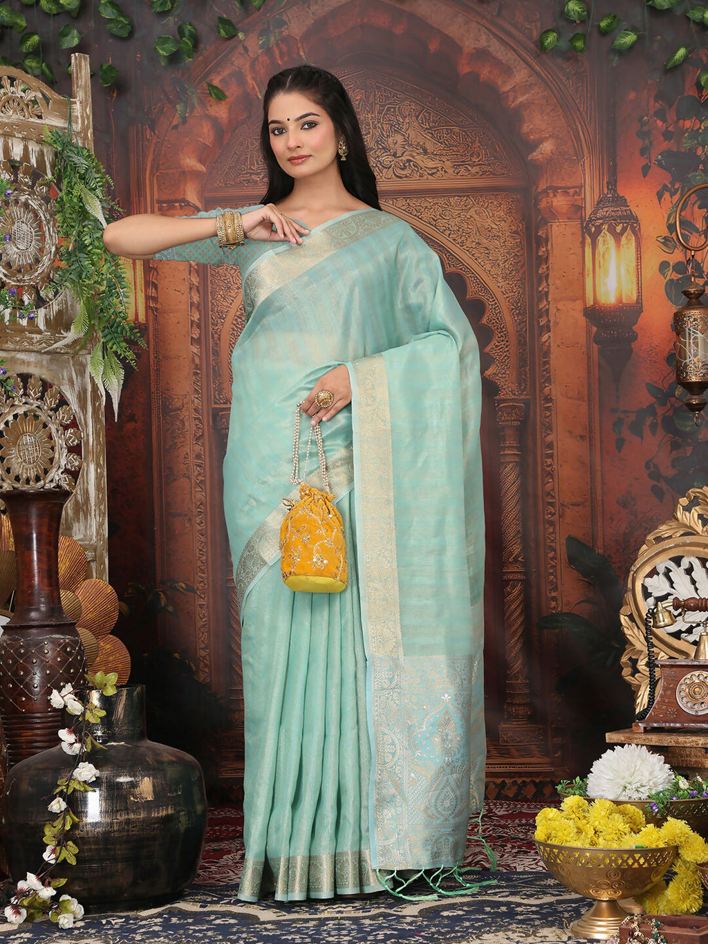 Shree Shyam Fashion Organza Rama Green Saree - Distacart