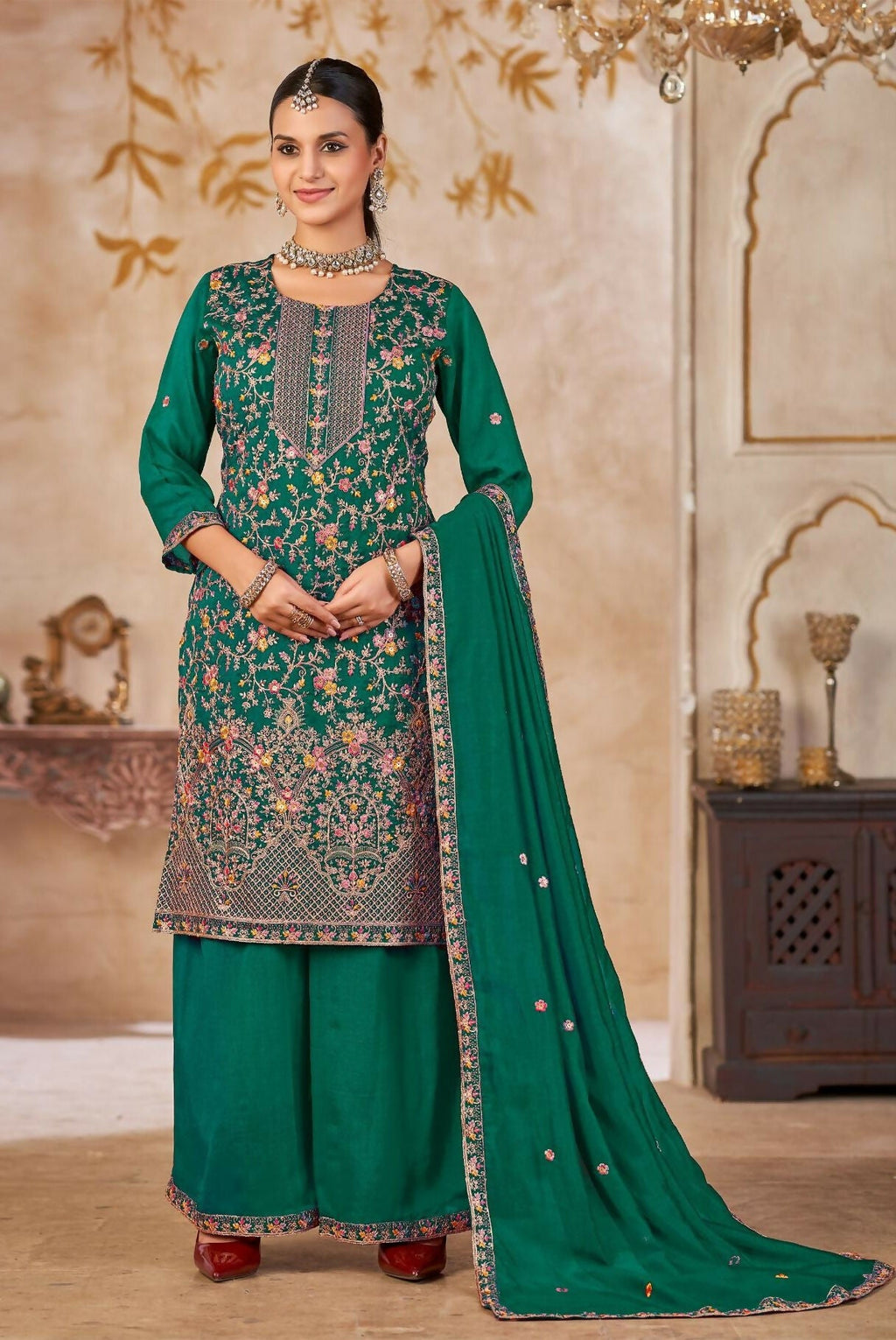 Anaita Emerald Green Vichitra Silk Readymade Palazzo Suit with Embroidery & Lace Work - Distacart