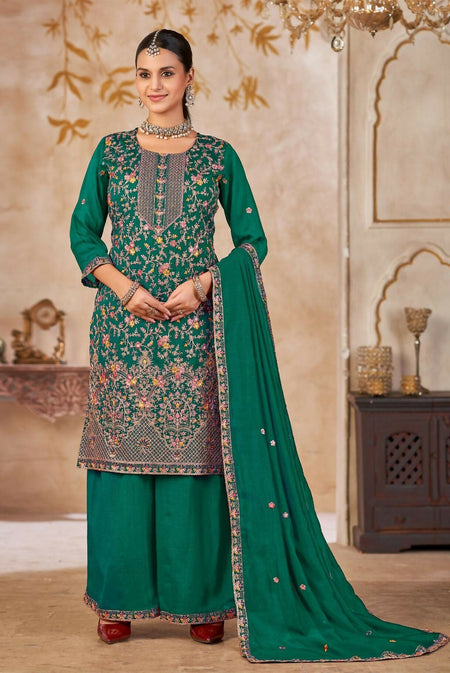 Anaita Emerald Green Vichitra Silk Readymade Palazzo Suit with Embroidery & Lace Work