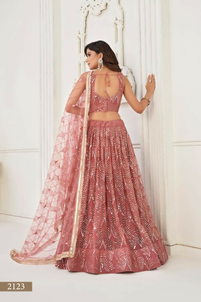 Aastha Fashion Dusty Onion Pink Butterfly Net Tone To Tone Thread Work, Sequence Work And Original Mirror Work Embroidery Wedding Wear Lehenga Choli
