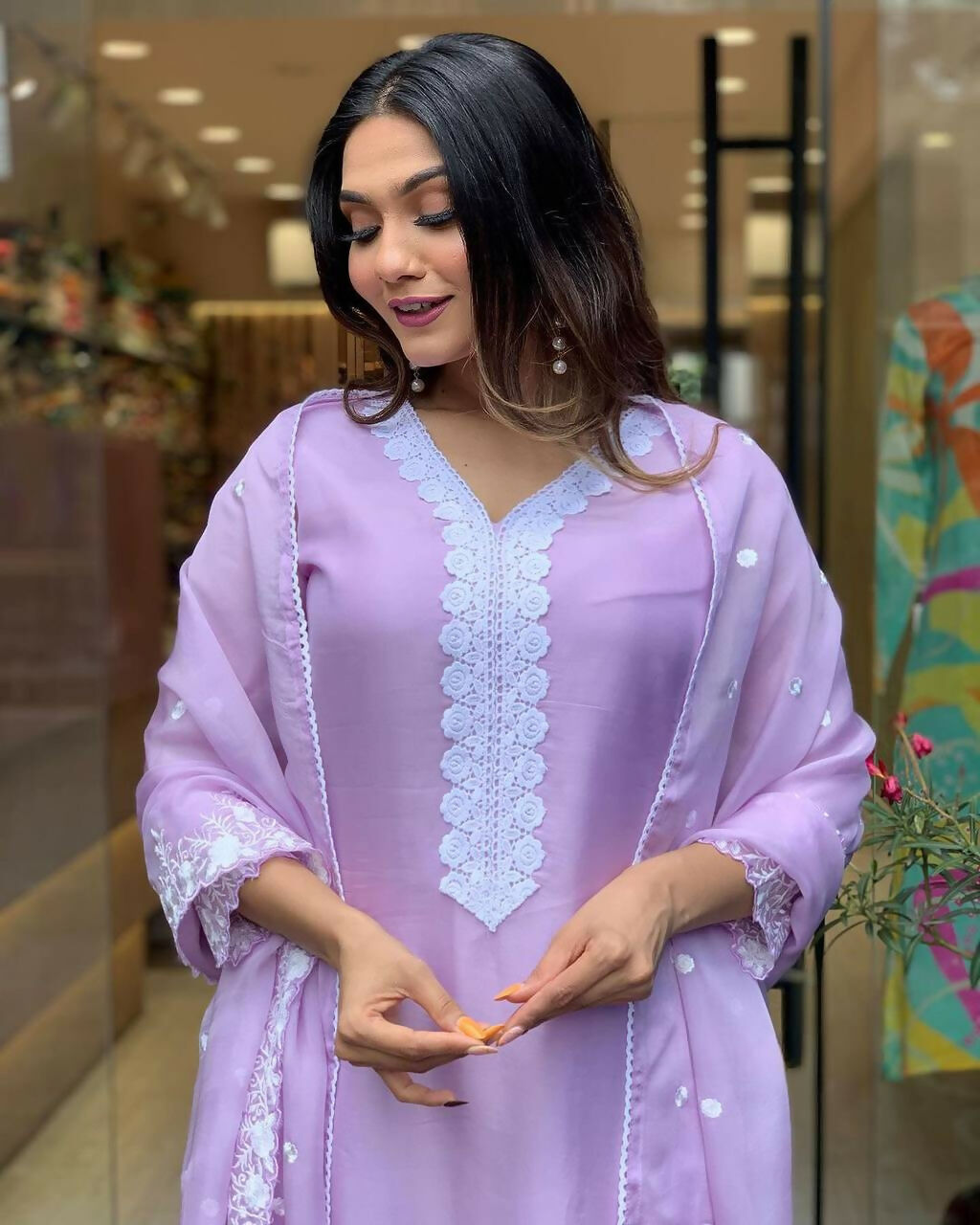 The52 Lavender Women's Gorgeous Embroidered Georgette Fabric Straight Kurta Pant with Dupatta Set - Distacart