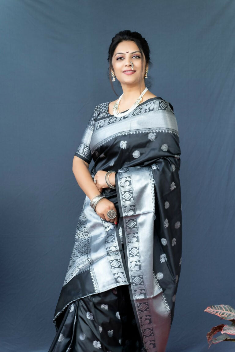 Jyoti Fashion Women's Black Soft Banarasi Silk Zari Woven Saree with Blouse