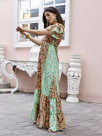 Sea Green Rayon Foil Printed Long Dress - Michan - Distacart