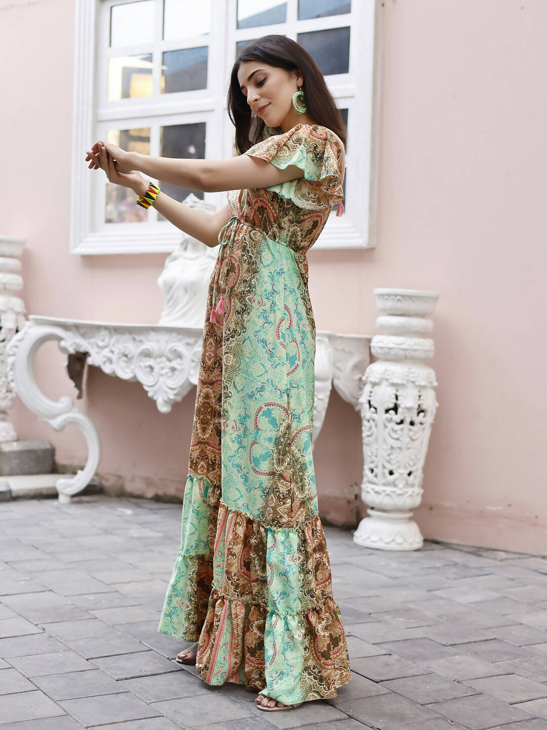 Sea Green Rayon Foil Printed Long Dress - Michan - Distacart