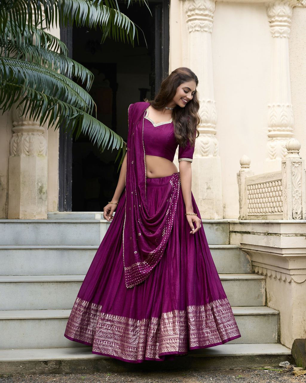 Lorenvalley Wine Pure Chanderi Plain With Zari Weaving Work Border Lehenga Choli