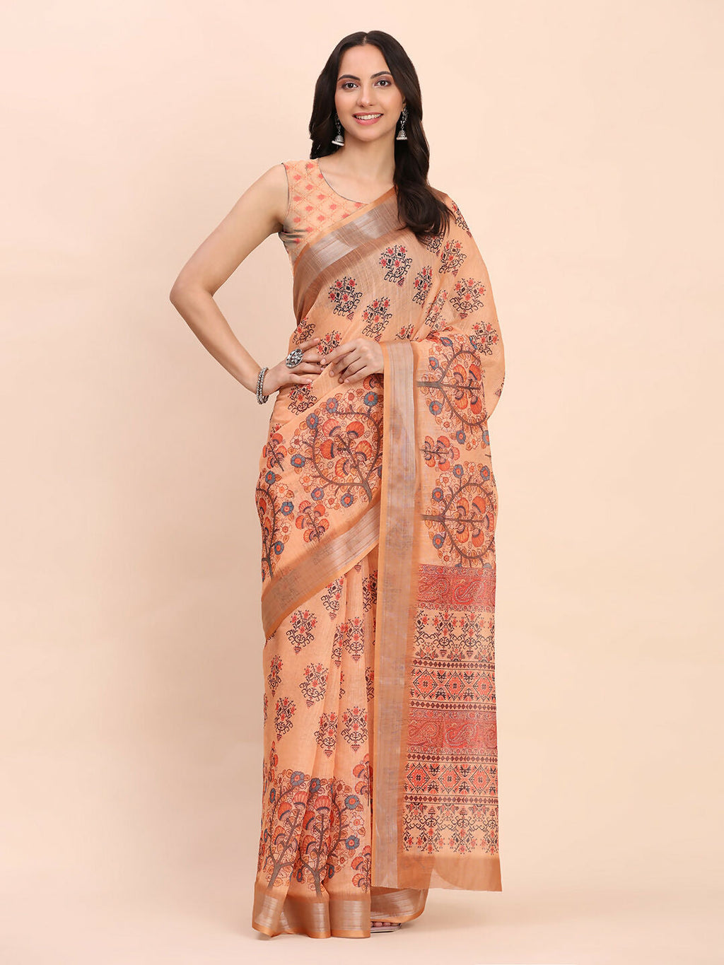 Shree Shyam Fashion Linen Cotton Orange Saree - Distacart