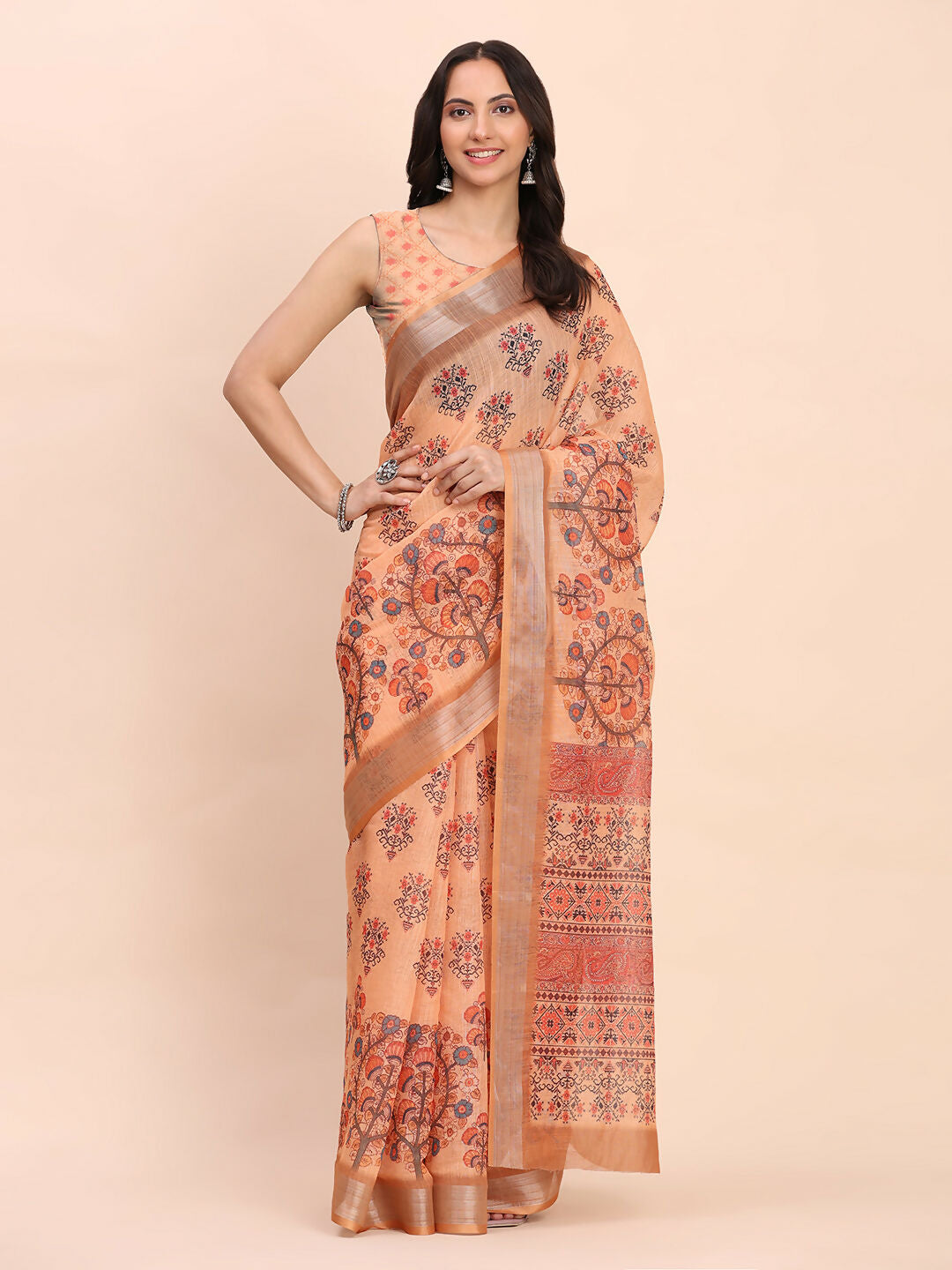Shree Shyam Fashion Linen Cotton Orange Saree - Distacart