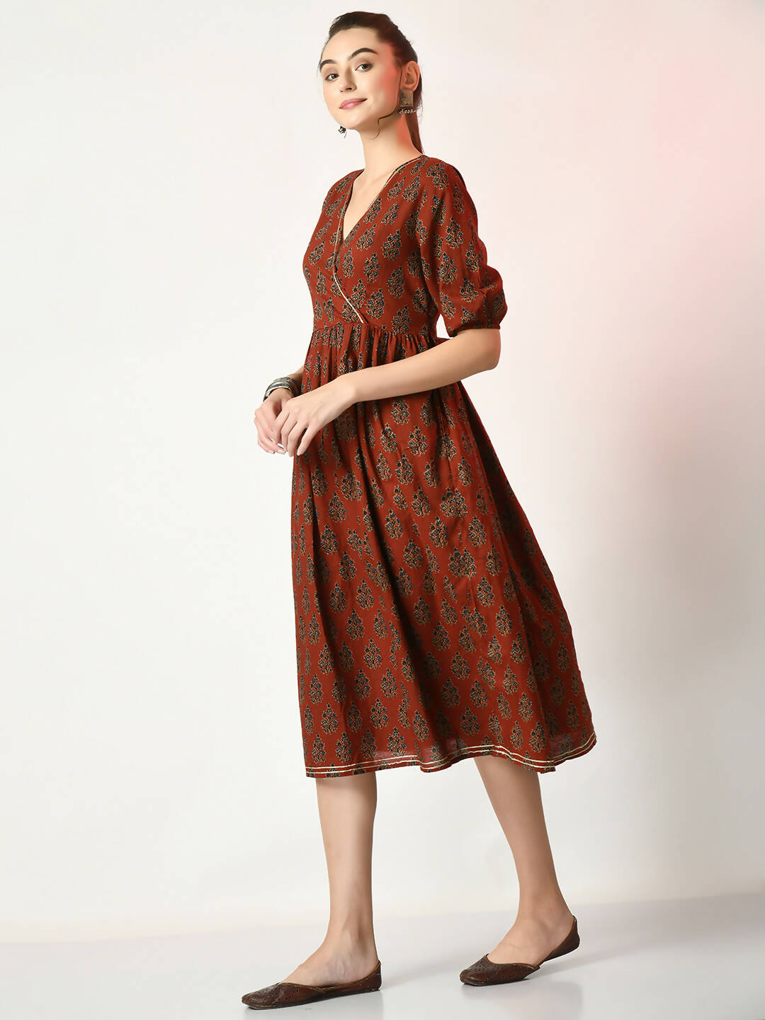 Myshka Women's Rust Empire Printed Dress - Distacart