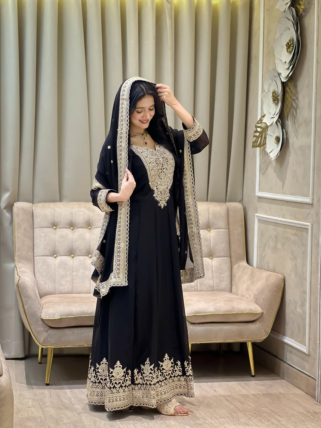 Teeya Creation Black Color Faux Georgette Embroidery Work Long Party Wear Gown
