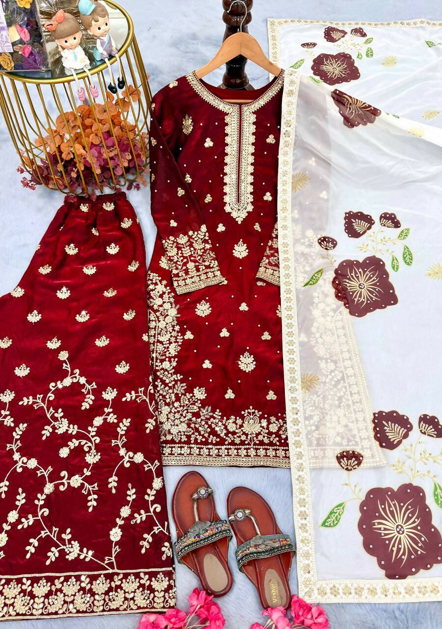 Teeya Creation Maroon Fendy Silk Beads Work Designer Wedding Wear Salwar Suit - Distacart