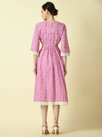 Myshka Women's Pink Floral Printed Fit and Flare Dress - Distacart