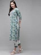 Yufta Green Hand Block Printed Kurta with Trouser and Dupatta