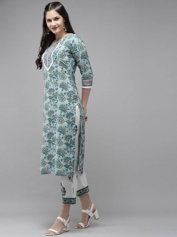 Yufta Green Hand Block Printed Kurta with Trouser and Dupatta