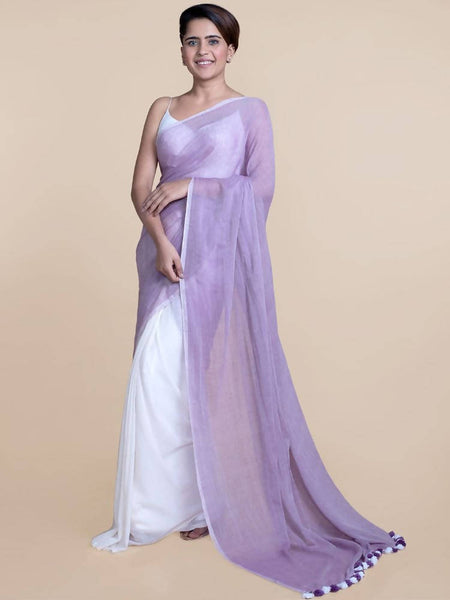 Suta Women Lavender And White Mul Cotton Saree