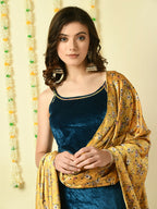 Myshka Women's Teal Velvet Kurti & Sharara With Dupatta Party Sets