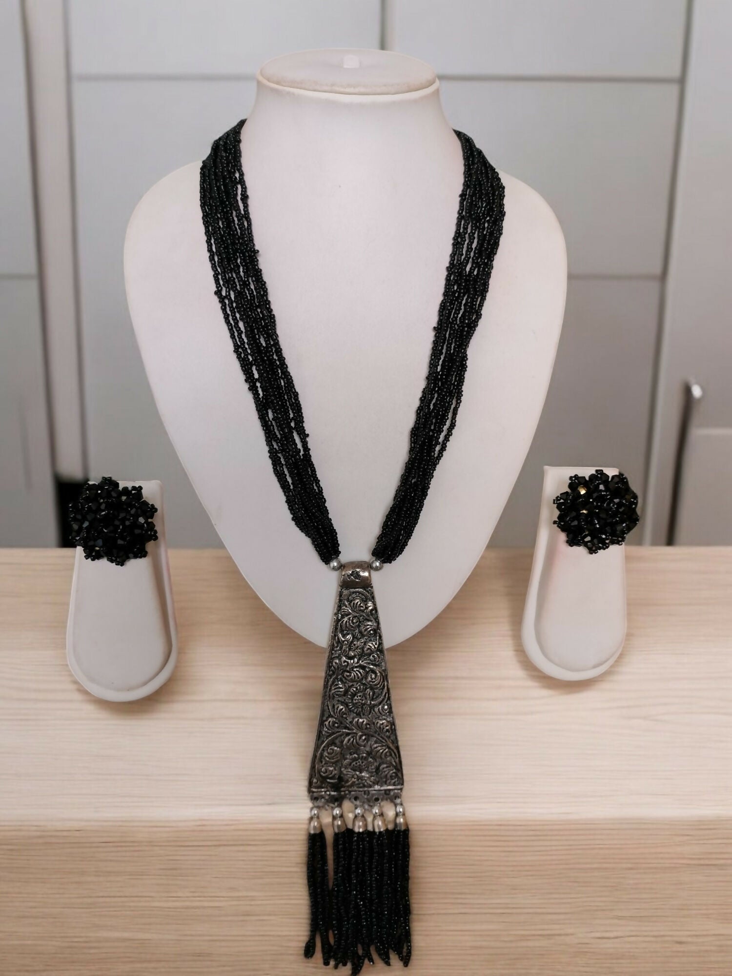 Inhanns Day-To-Dinner Tie Shaped Oxidized Black Metal Multi-Layered Long Necklace Set - Black