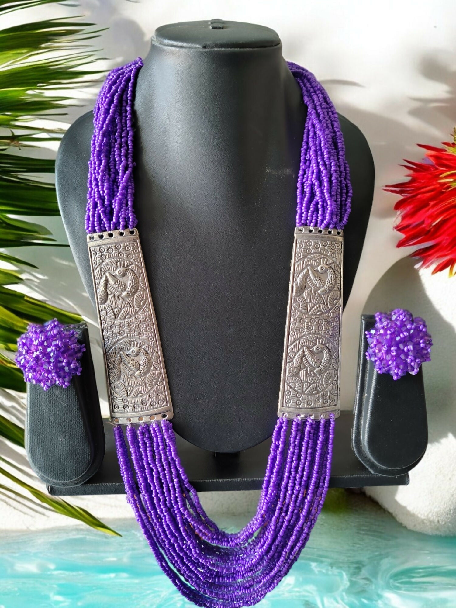 Inhanns Saree Shobha Statement Necklace & Earring Set - Purple Necikace With Earrings