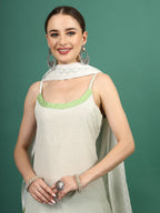 Sangria White Geometric Printed Shoulder Straps Mirror Work Kurta & Palazzos With Dupatta
